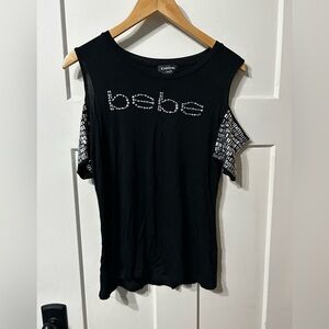 BEBE black & Silver Cold Shoulder Cut Out Studded Sleeve and chest shirt